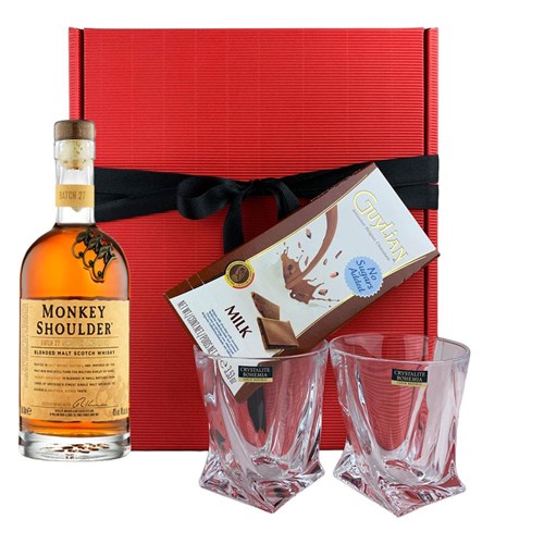 Monkey Shoulder Whisky, Tumbler And Bar of Artisanal Belgian chocolate Gift box